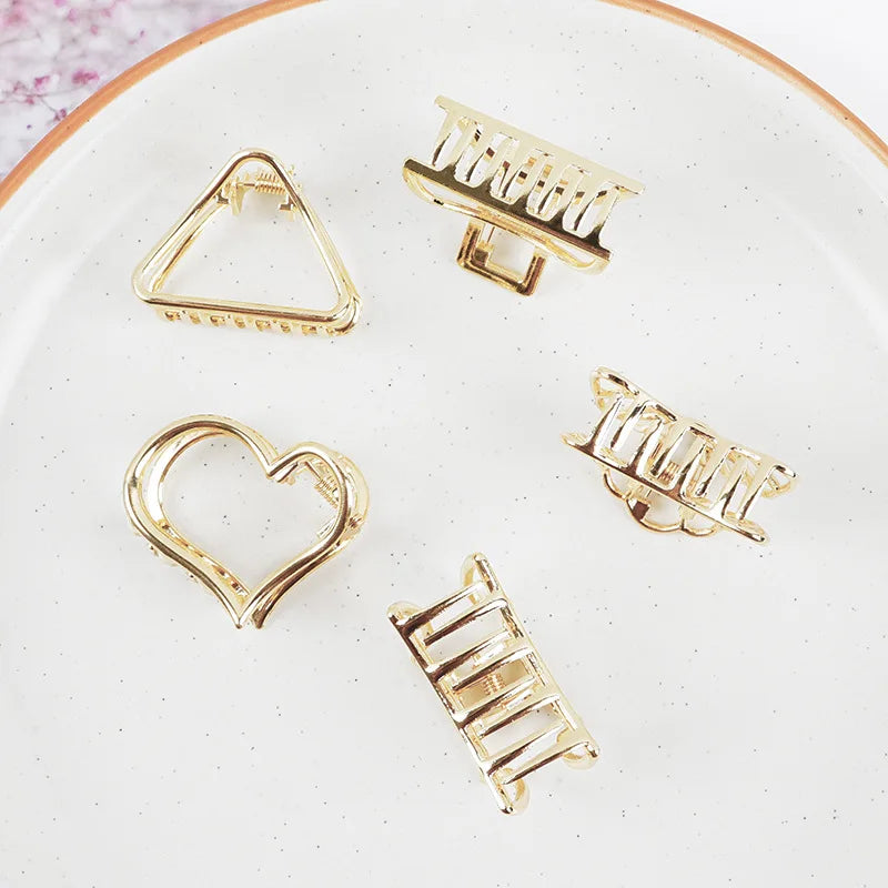 Small Minimalist Hair Claw Clips Metallic Gold Hollow Out Geometric Ponytail Holder Clamp Seashell Heart Bowknot Barretteses